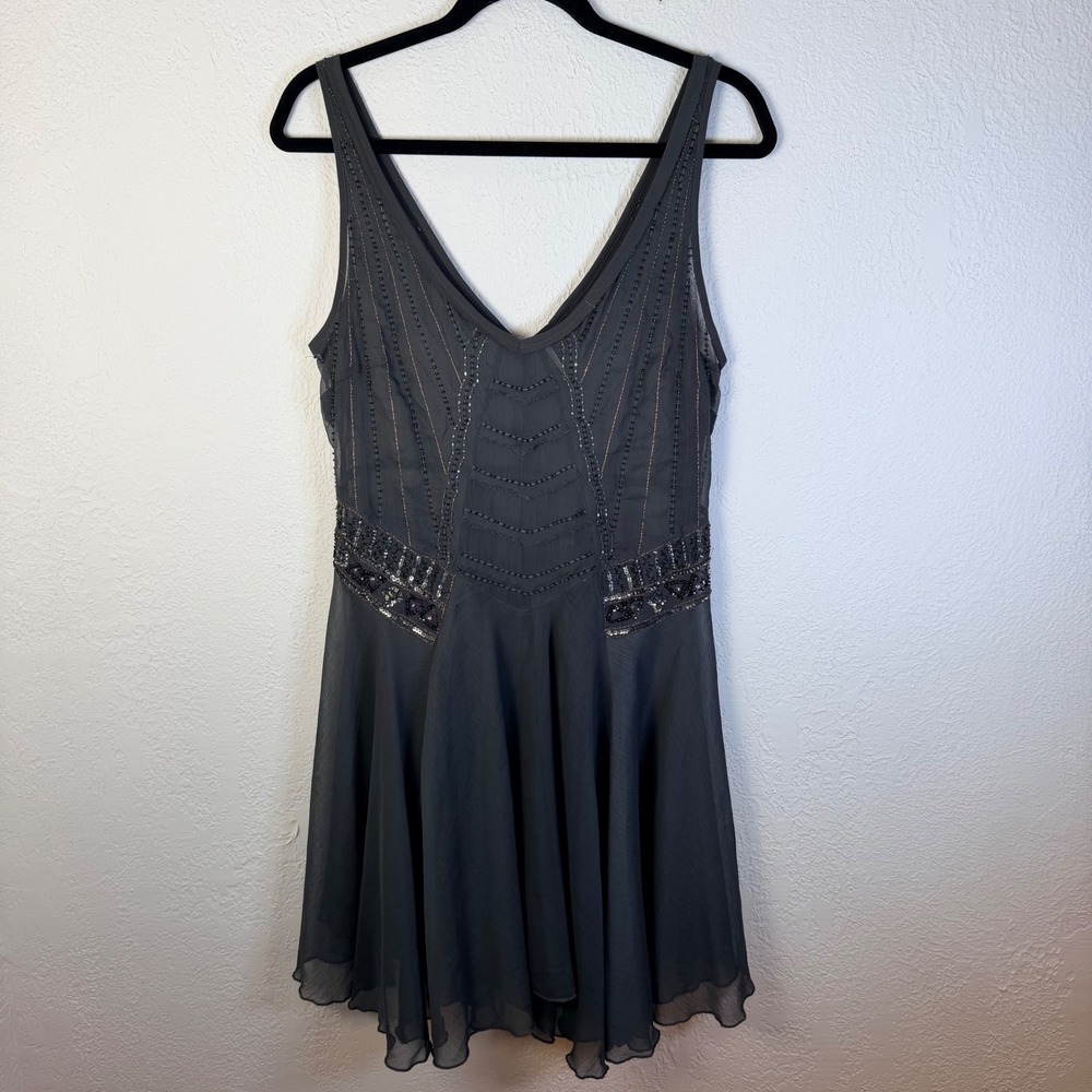 Free People Women's S Sheer Charcoal Grey Beaded Sequin V-Neck Mini Dress Boho